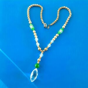 Faux Pearl Necklace, Crystal Pendant, Jade Color Accent, Sterling Clasp, Vintage